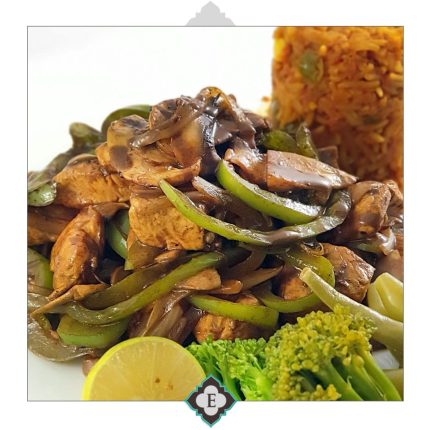 Stripes of chicken fillet cooked in sauce with Marlin’s special sauce served with crispy potatoes and vegetables and Mexican rice