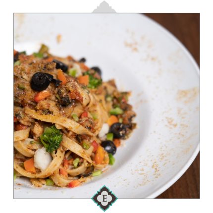 Fettuccini with sautéed vegetables tossed with olive oil