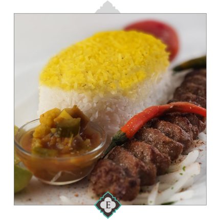Famous Iranian kebab, minced beef and lamb, served with barbequed tomatoes & sides