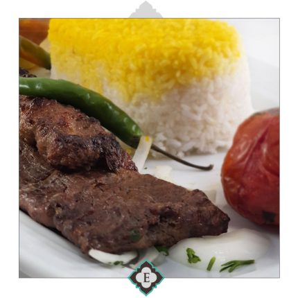 Skewer of 220gr beef fillet barbequed in Iranian traditional style accompanied with
